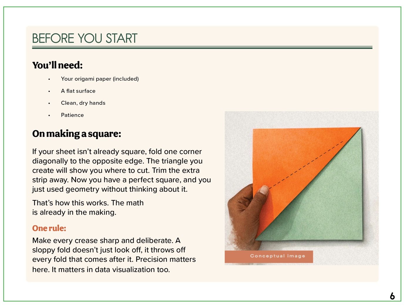 Before You Start spread listing materials, explaining how to make a square, and the one rule: make every crease sharp and deliberate