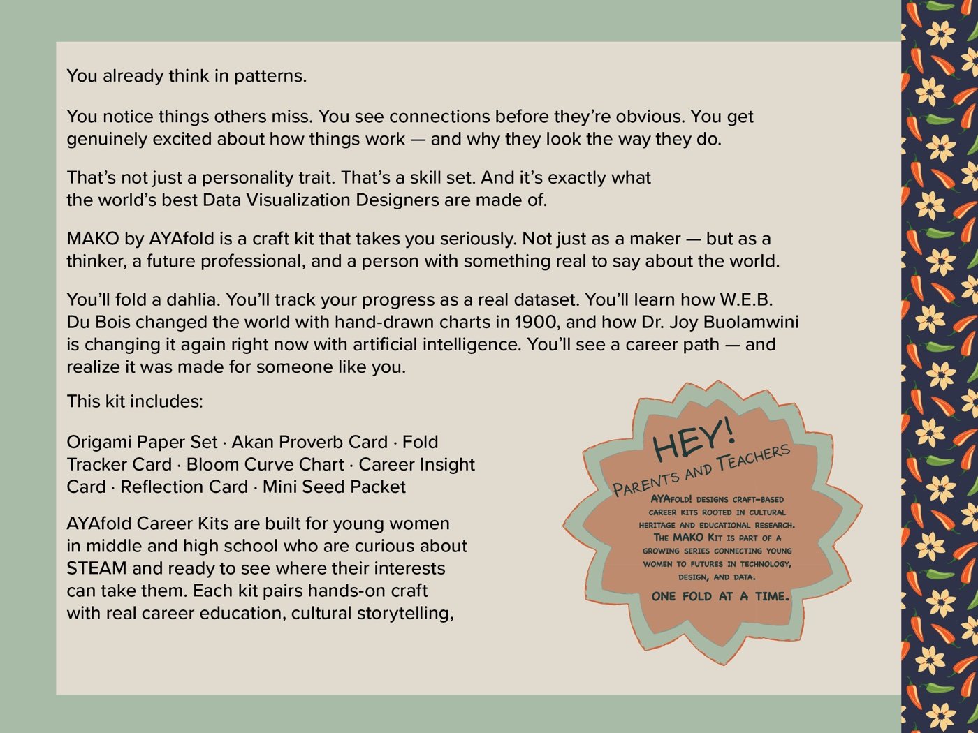 Booklet back cover speaking to readers who already think in patterns, listing the kit contents, with a Hey Parents and Teachers seal and a navy floral border