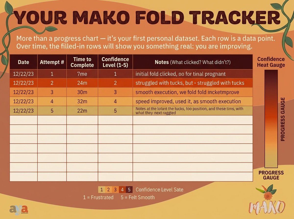 Your Mako Fold Tracker worksheet where each row is a data point: date, attempt, time to complete, confidence level, and notes