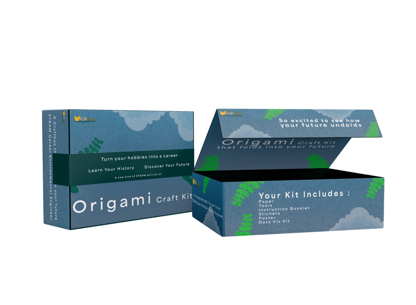 AyaFold origami craft kit box in deep teal with fern silhouettes, shown closed and open with the kit contents list