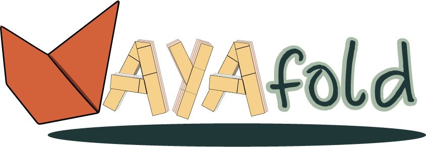 AYAfold wordmark with an orange origami fold as the A and letterforms built from folded kraft paper