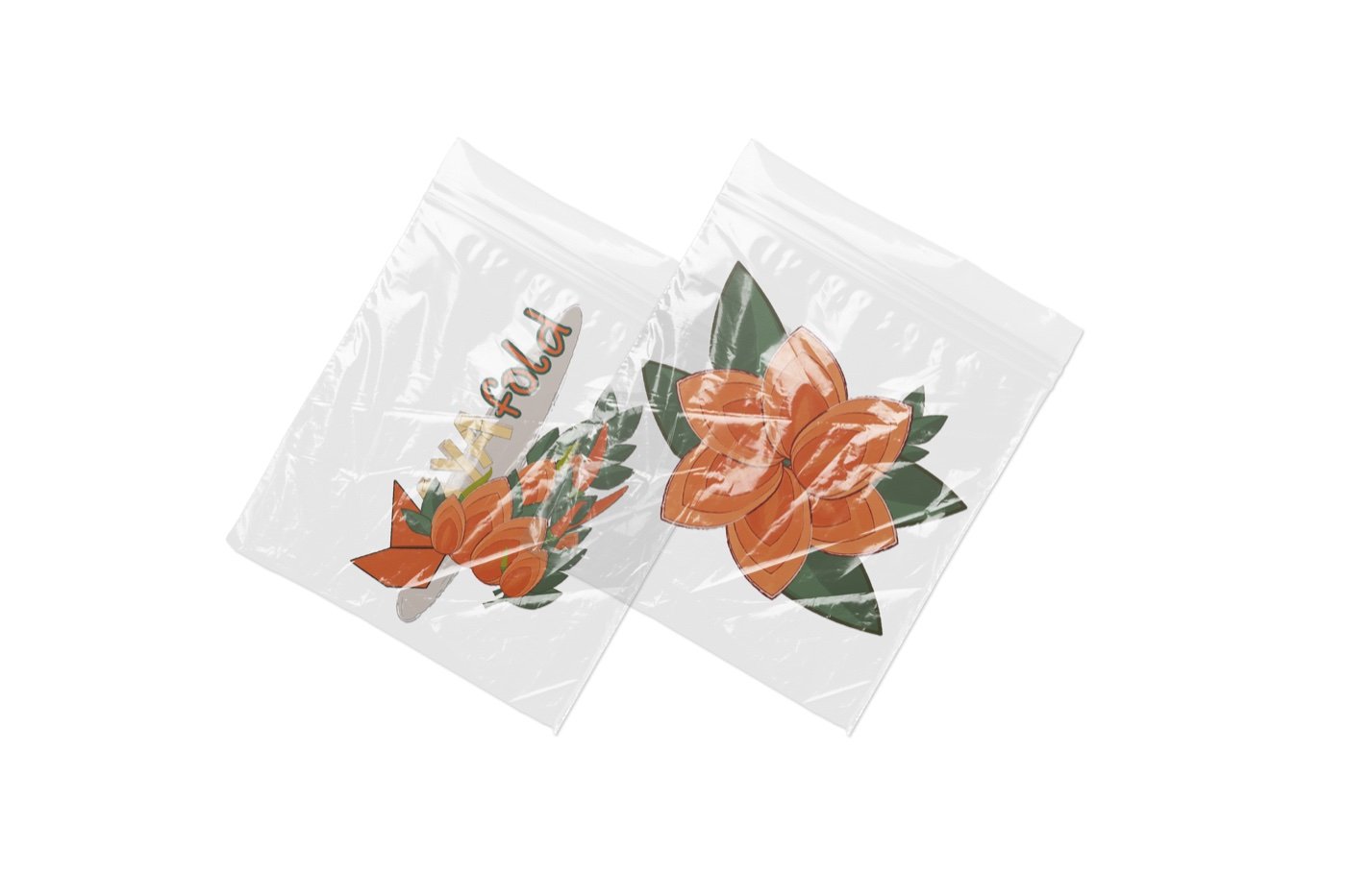 Two clear sticker packs with orange flower, leaf, and pepper stickers