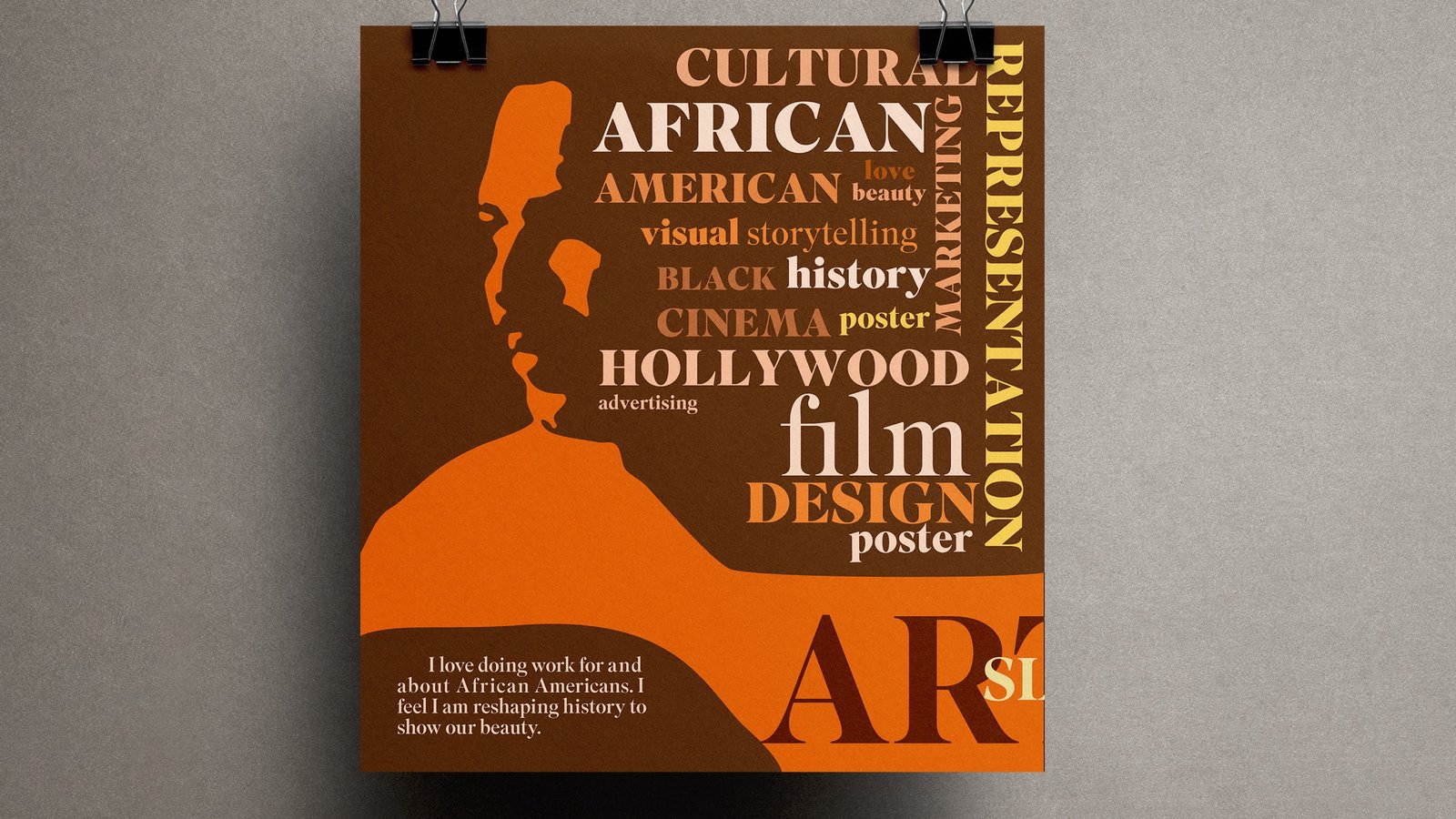 Art Sims poster from The Designer&rsquo;s Mind series clipped to a gallery wall, showing his silhouette surrounded by layered film and design keywords