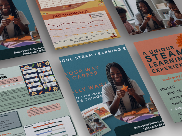 AyaFold! marketing materials for a STEAM learning program, including flyers and brochures in teal and orange