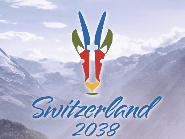2038 Winter Olympics brand identity concept for Switzerland, featuring an ibex emblem and mountain backdrop