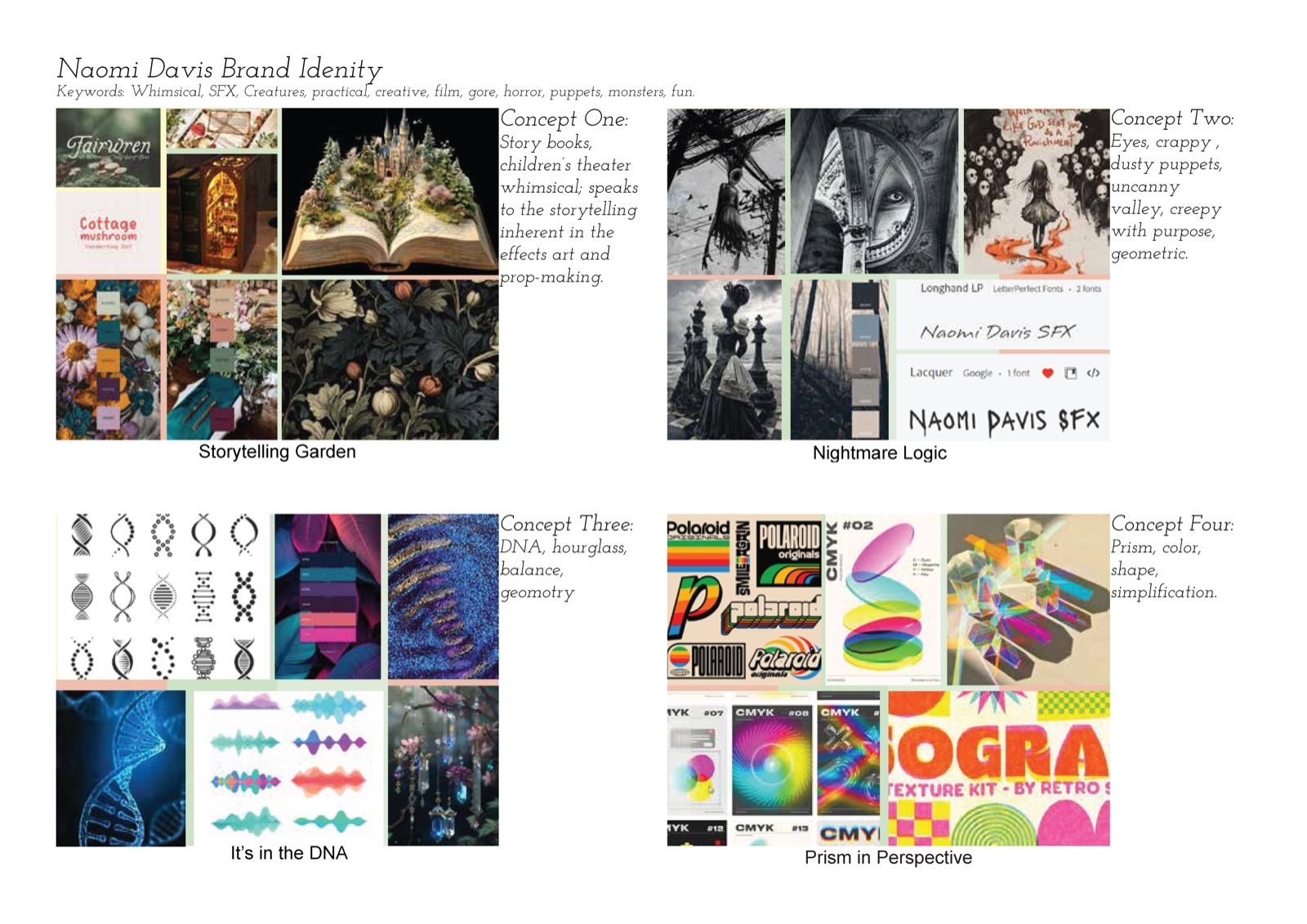 Four concept moodboards for the Naomi Davis brand: Storytelling Garden, Nightmare Logic, It&rsquo;s in the DNA, and Prism in Perspective