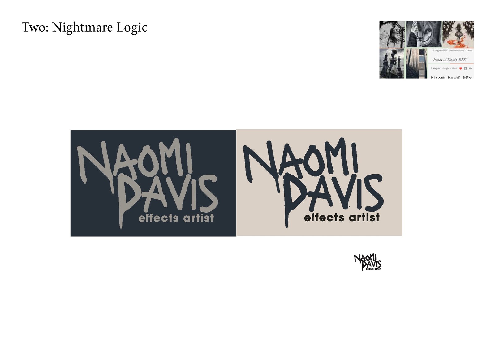 Concept two, Nightmare Logic: the scratched Naomi Davis effects artist wordmark on navy and beige tiles