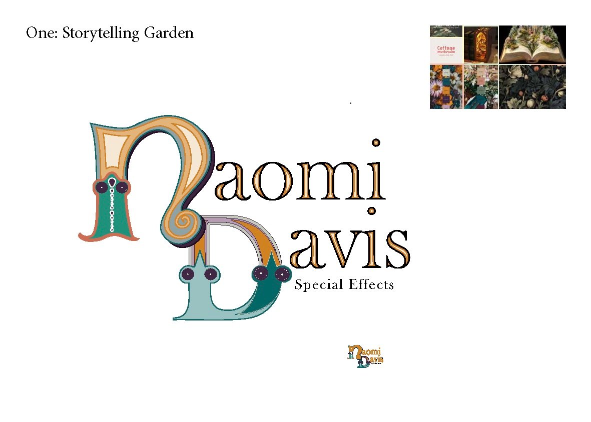 Concept one, Storytelling Garden: Naomi Davis set in illuminated storybook initials with vines and hardware details