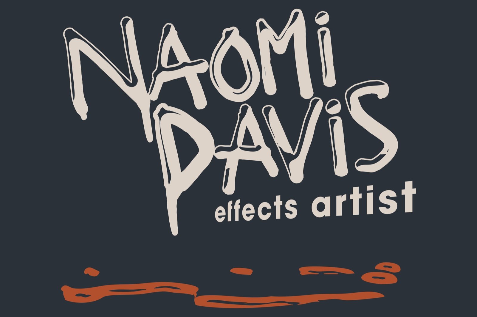 Final Naomi Davis effects artist wordmark in beige on deep navy with the burnt orange spill beneath