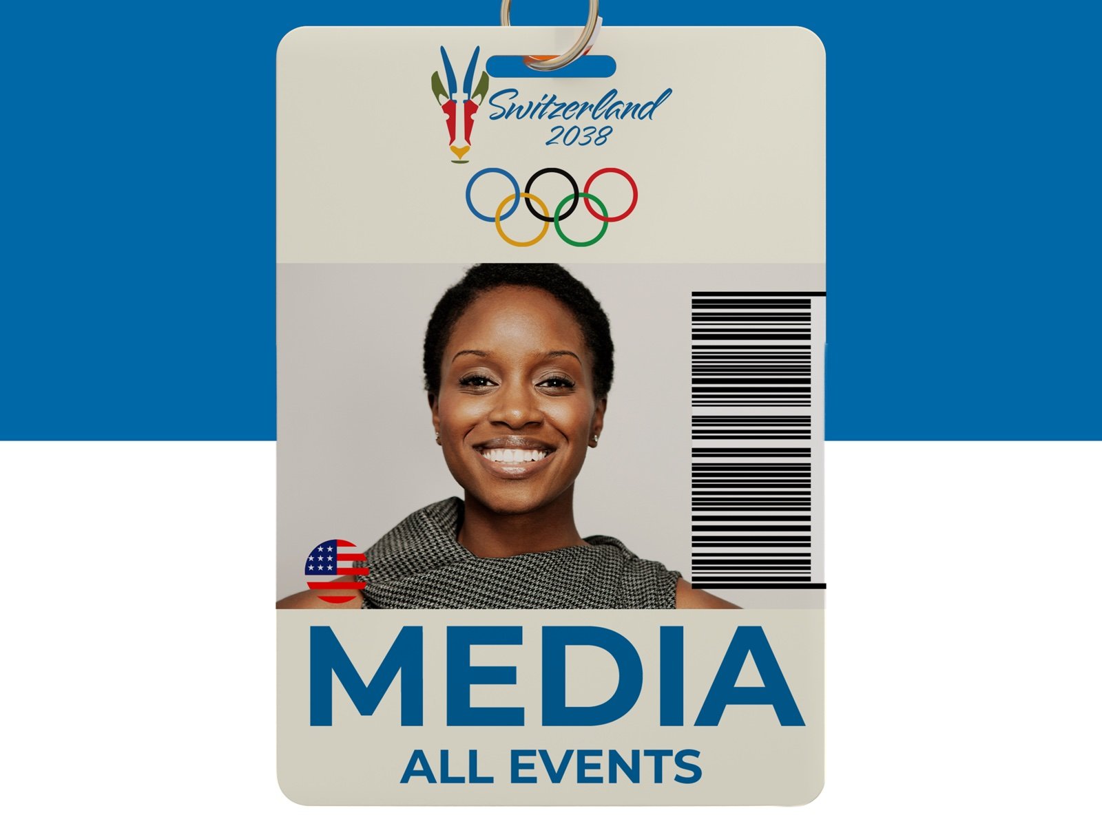 Media all-events credential with a photograph, barcode, Swiss flag, and the Switzerland 2038 crest