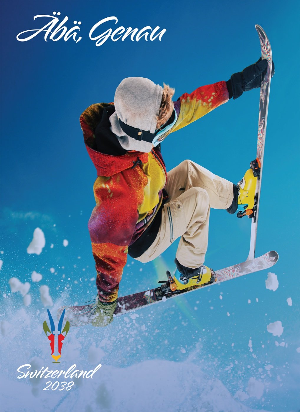 Print ad with a snowboarder mid-air against blue sky, &Auml;b&auml;, Genau in script, and the Switzerland 2038 crest
