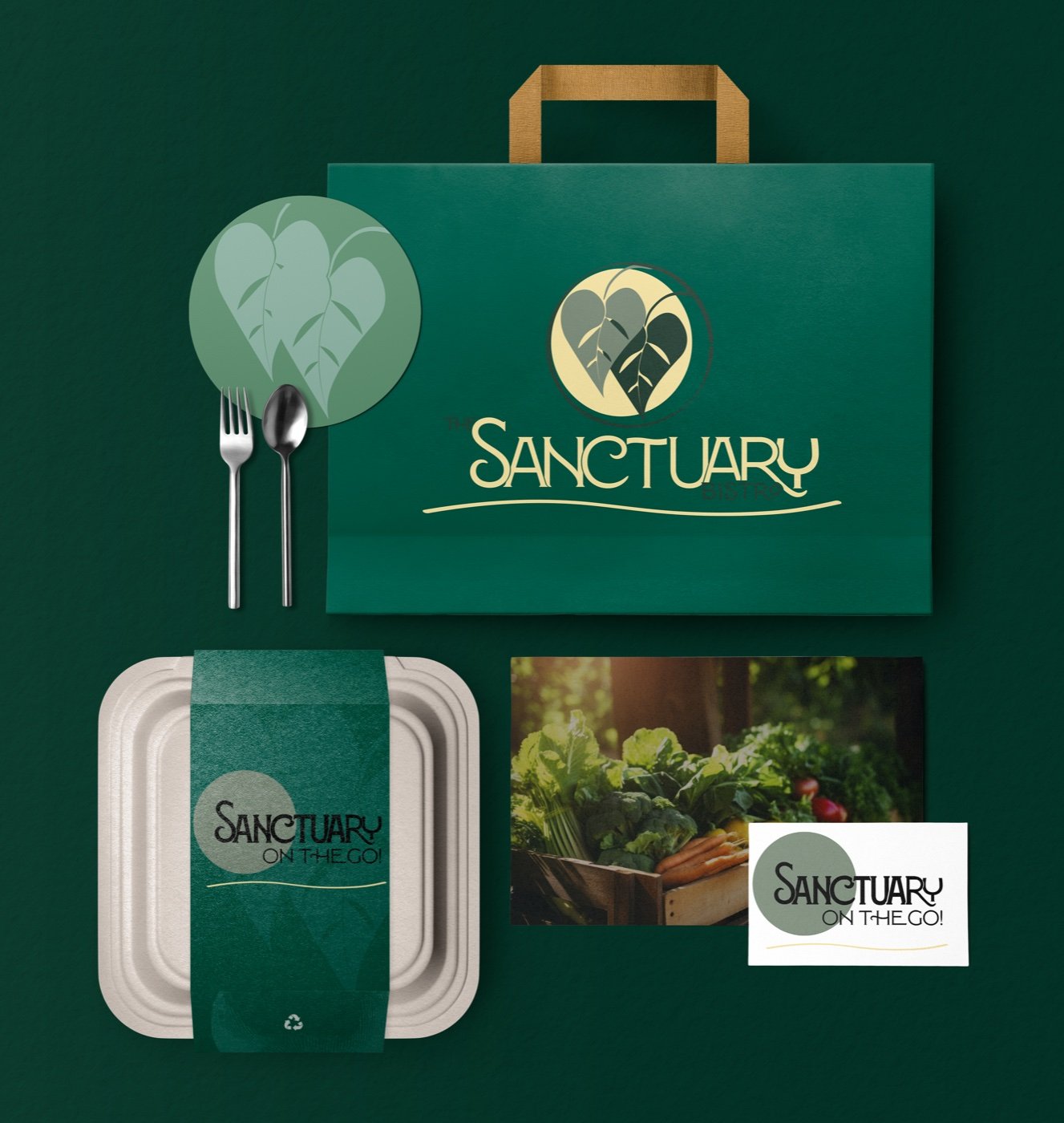 Compostable to-go suite in deep green: bag, fiber clamshell with branded band, cup, and Sanctuary On The Go card