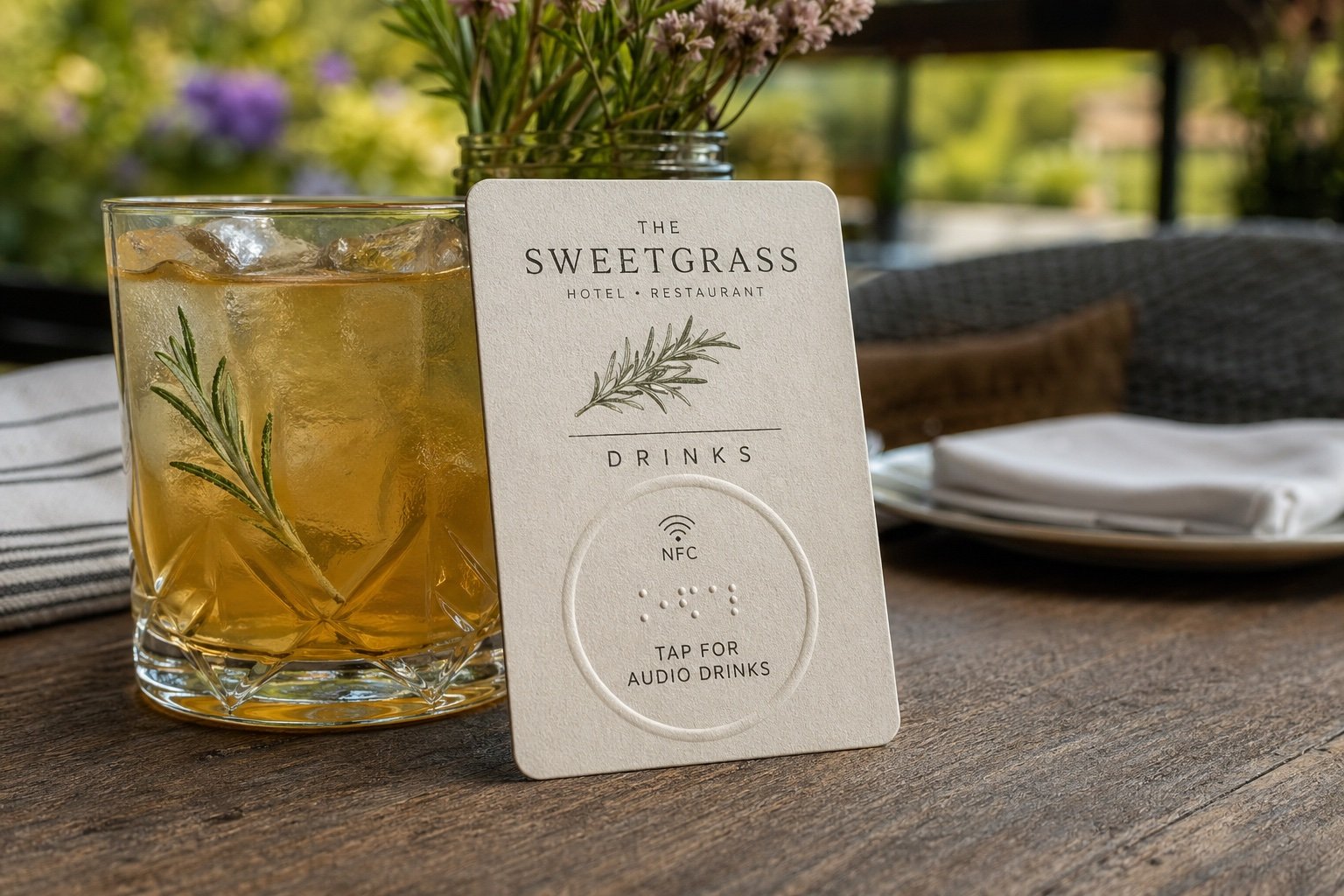 Table drink card with an embossed sweetgrass emblem and a tap-for-audio drinks chip, set beside a cocktail with a rosemary sprig