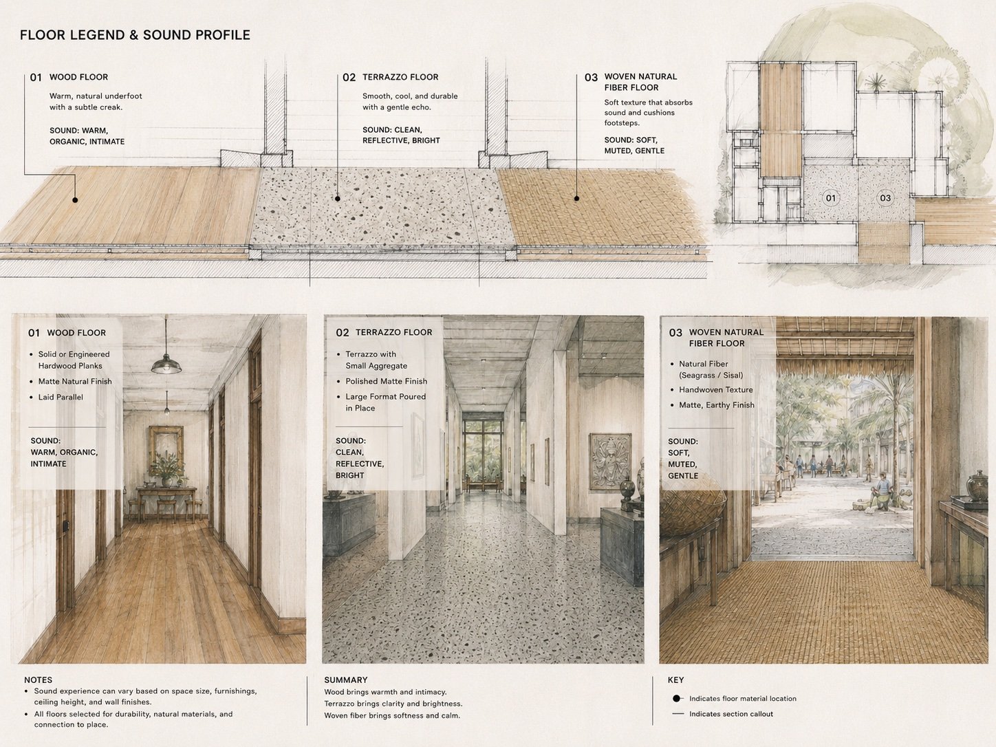 Illustrated sections and photos showing flooring shifts from wood to terrazzo to woven texture that mark transitions between hotel zones