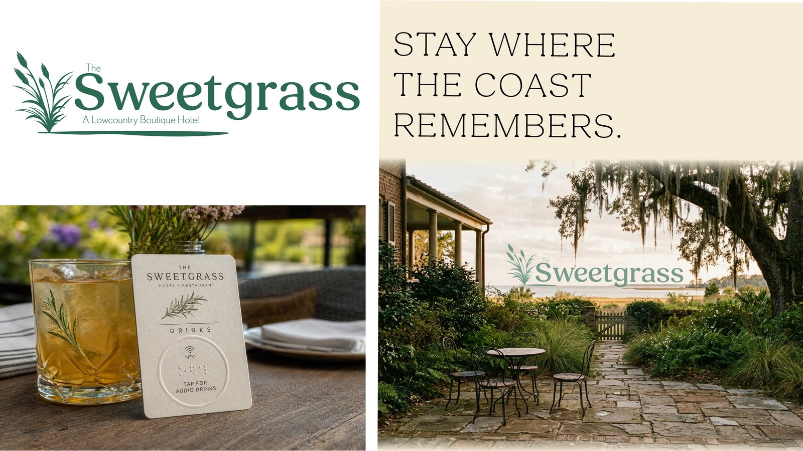 Sweetgrass Boutique Hotel brand collage: the sweetgrass logo, a drink card beside a cocktail with a rosemary sprig, and a garden patio ad reading Stay Where the Coast Remembers