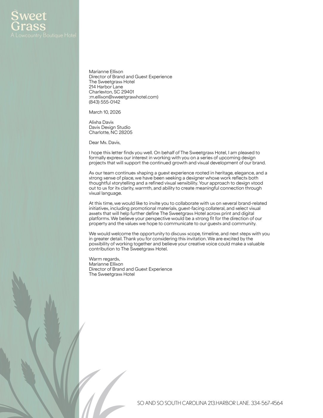 Sweetgrass letterhead with a pale green sweetgrass illustration climbing the left edge and the hotel address in the footer