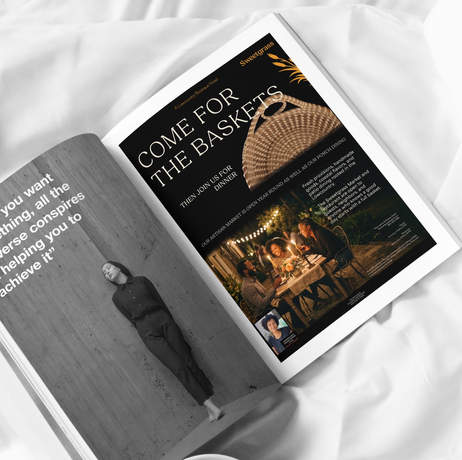 Magazine spread with a Sweetgrass ad reading Come for the Baskets above a woven sweetgrass fan and an evening dinner scene