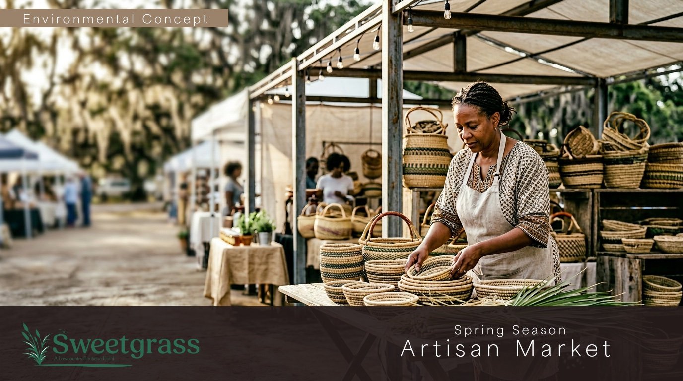 Environmental concept for the Sweetgrass artisan market: a basket weaver arranging sweetgrass baskets under market tents beneath live oaks