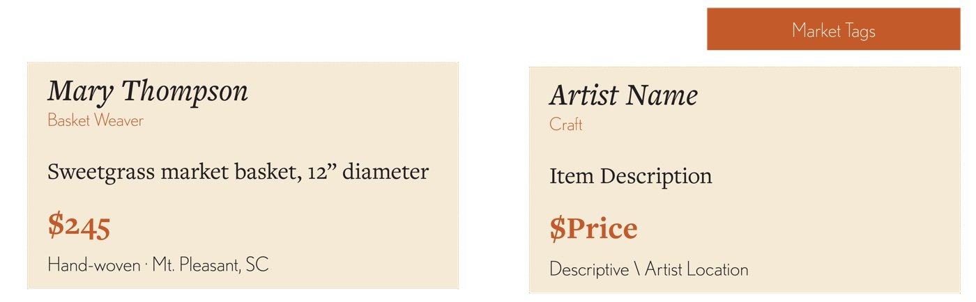 Flat layouts for market table tents crediting each maker, with fields for name, craft, item description, and price