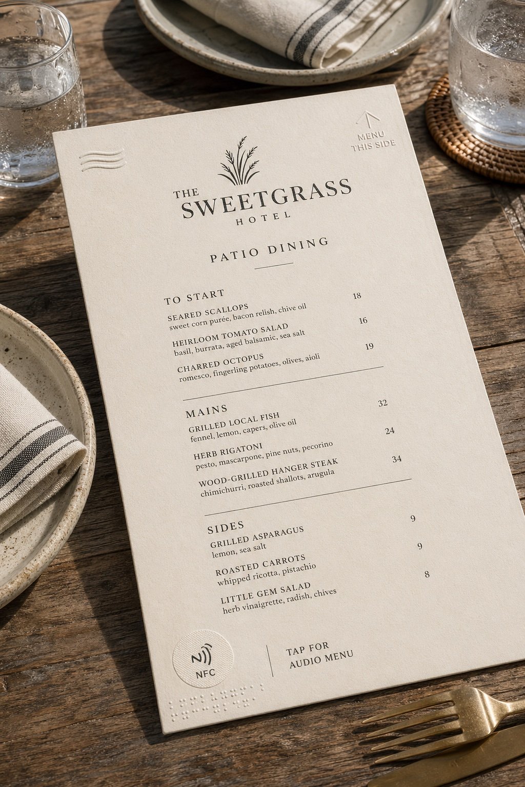 Patio dining menu on a wooden table set with striped linens, brass cutlery, and water glasses