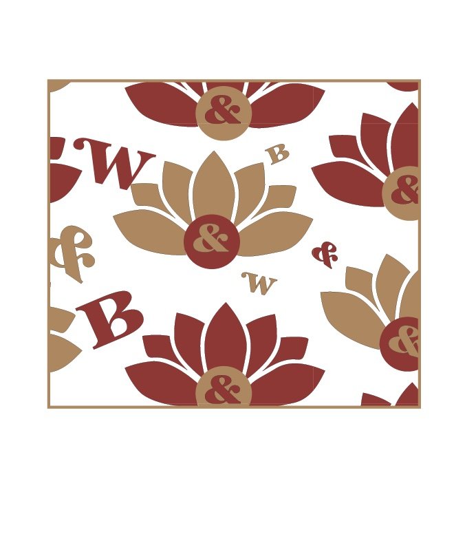 Repeat pattern of layered crimson and gold lotus blooms with scattered W, B, and ampersand letterforms