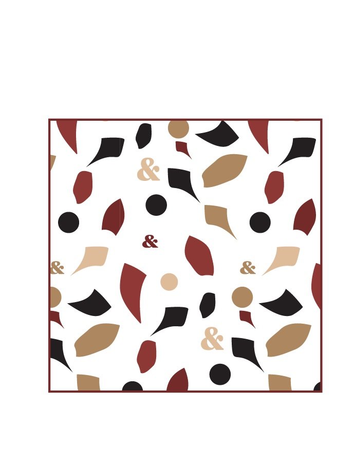 Terrazzo-style pattern of petal fragments and dots in crimson, gold, cream, and black with small ampersands